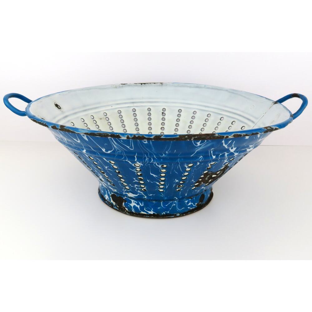 Vtg Blue Enamelware Graniteware Colander Strainer Rustic Primitive Kitchen Decor